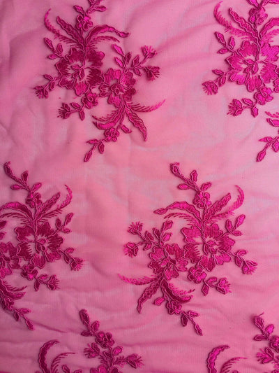 Callie HOT PINK Polyester Floral Corsage Embroidery on Mesh Lace Fabric by the Yard - 10025
