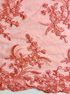 Callie CORAL Polyester Floral Corsage Embroidery on Mesh Lace Fabric by the Yard - 10025