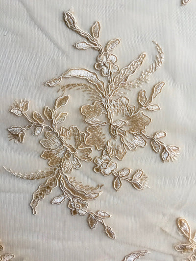 Callie CHAMPAGNE Polyester Floral Corsage Embroidery on Mesh Lace Fabric by the Yard - 10025