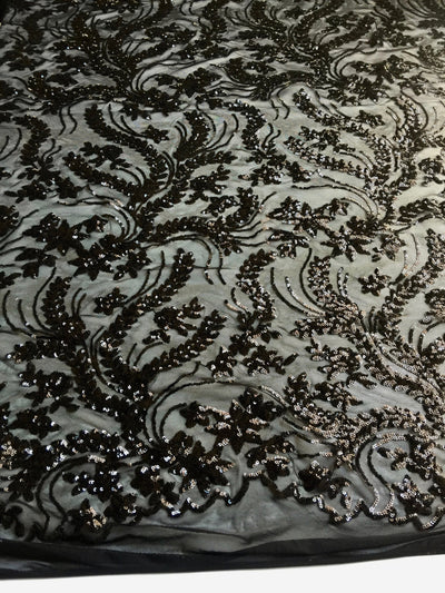 Erin BLACK Flowers and Leaves Sequins on Mesh Lace Fabric by the Yard - 10063