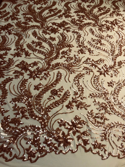 Erin COPPER Flowers and Leaves Sequins on Mesh Lace Fabric by the Yard - 10063