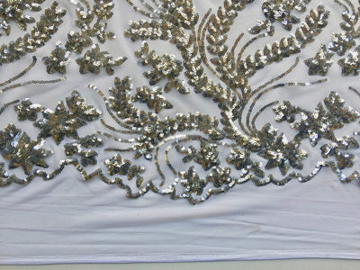 Erin SILVER Flowers and Leaves Sequins on Mesh Lace Fabric by the Yard - 10063