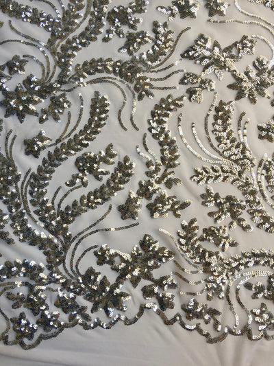 Erin SILVER Flowers and Leaves Sequins on Mesh Lace Fabric by the Yard - 10063