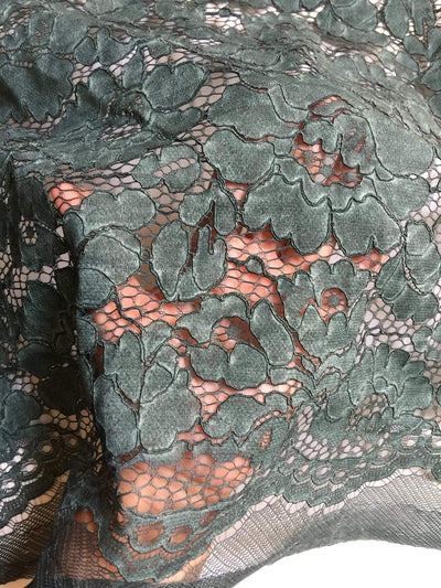 Summer HUNTER GREEN Floral Pattern Double Dyed Flat Lace on Mesh Fabric by the Yard - Style 10069