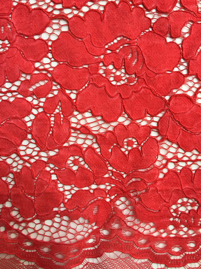 Summer RED Floral Pattern Double Dyed Flat Lace on Mesh Fabric by the Yard - Style 10069