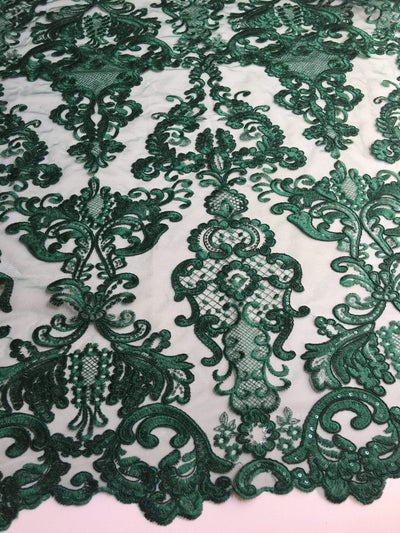 Vivian HUNTER GREEN Polyester Embroidery with Sequins on Mesh Lace Fabric by the Yard for Gown, Wedding, Bridesmaid, Prom - 10003