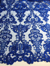 Vivian ROYAL BLUE Polyester Embroidery with Sequins on Mesh Lace Fabric by the Yard for Gown, Wedding, Bridesmaid, Prom - 10003