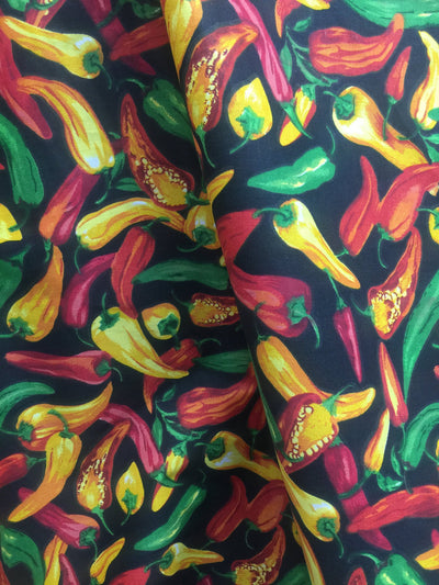 Amira BLACK Printed Chilies Polyester Cotton Fabric by the Yard - 10106