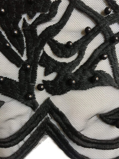 Sabrina BLACK Faux Pearls Beaded Lace Embroidery on Mesh Fabric by the Yard - 10098