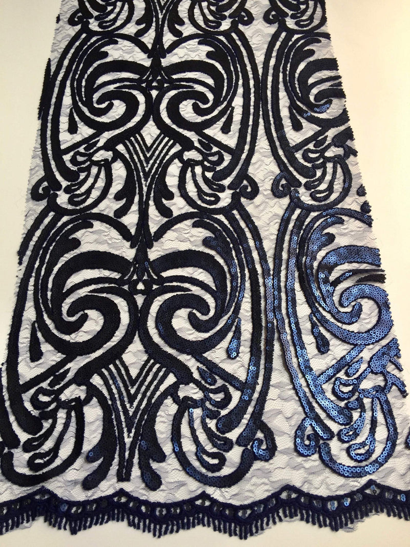 Elsie NAVY BLUE Curlicue Sequins on Mesh Lace Fabric by the Yard - 10112