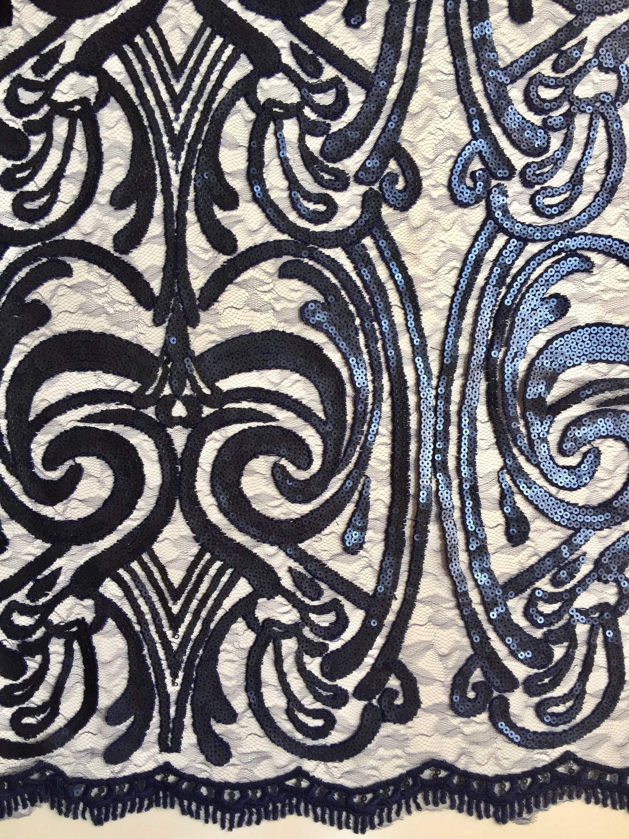 Elsie NAVY BLUE Curlicue Sequins on Mesh Lace Fabric by the Yard - 10112