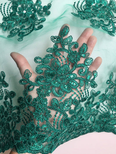 Brianna HUNTER GREEN Polyester Floral Embroidery with Sequins on Mesh Lace Fabric by the Yard - 10020