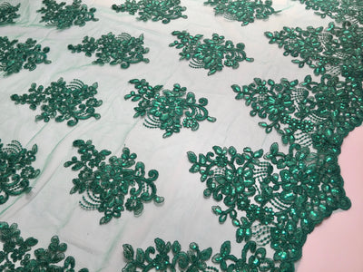 Brianna HUNTER GREEN Polyester Floral Embroidery with Sequins on Mesh Lace Fabric by the Yard - 10020