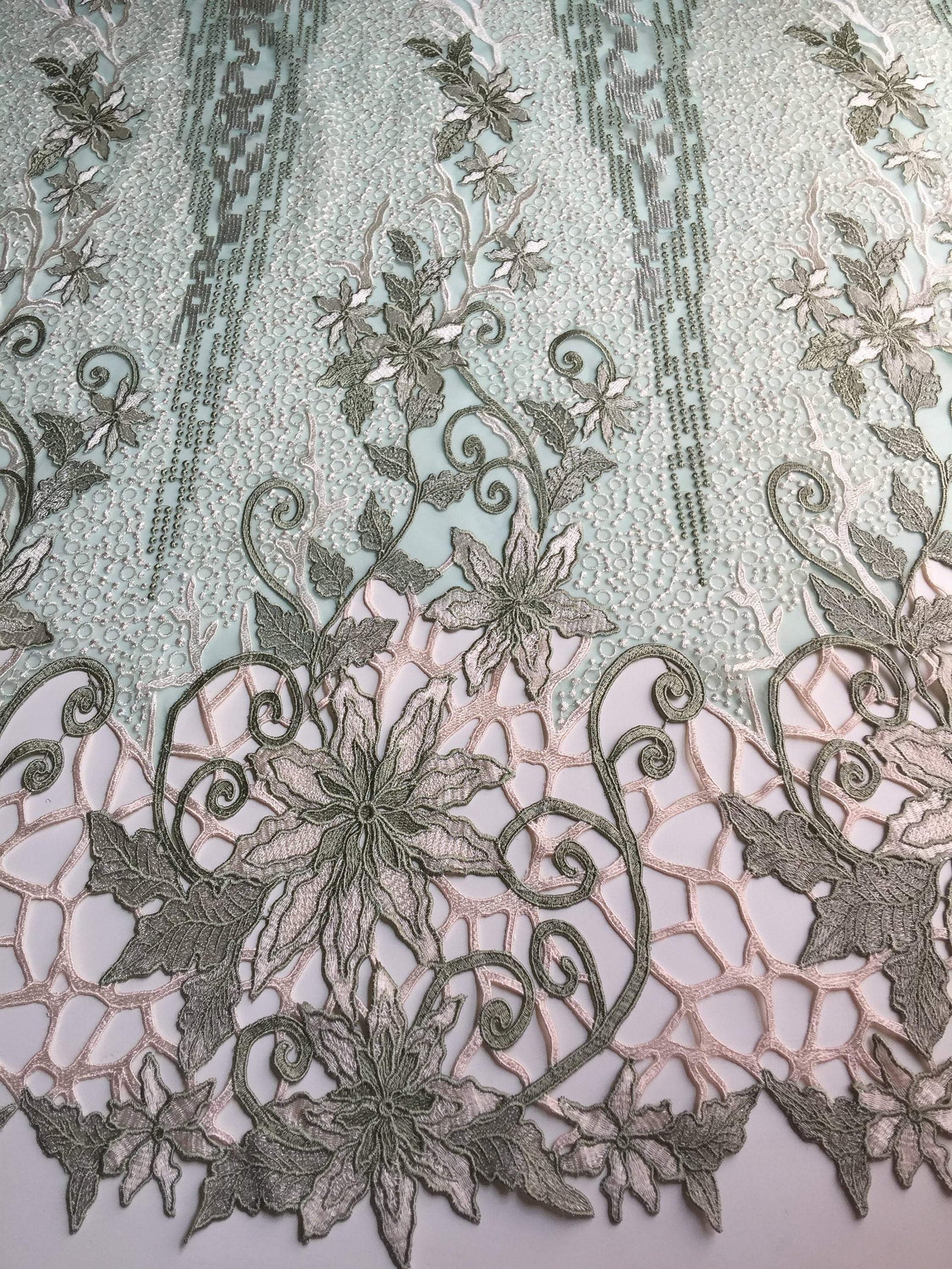 Skye SAGE Embroidered Floral Edge Guipure on Mesh Lace Fabric by the Yard - 10110