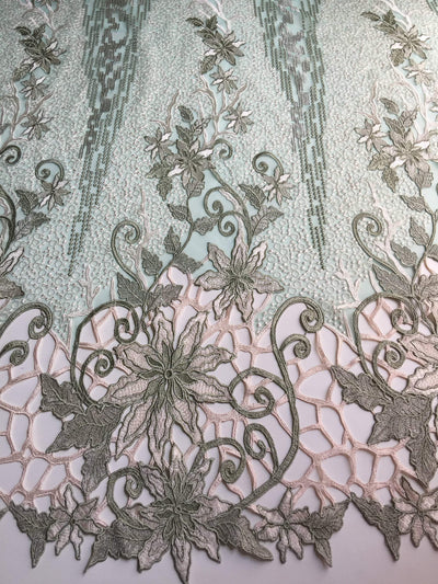 Skye SAGE Embroidered Floral Edge Guipure on Mesh Lace Fabric by the Yard - 10110