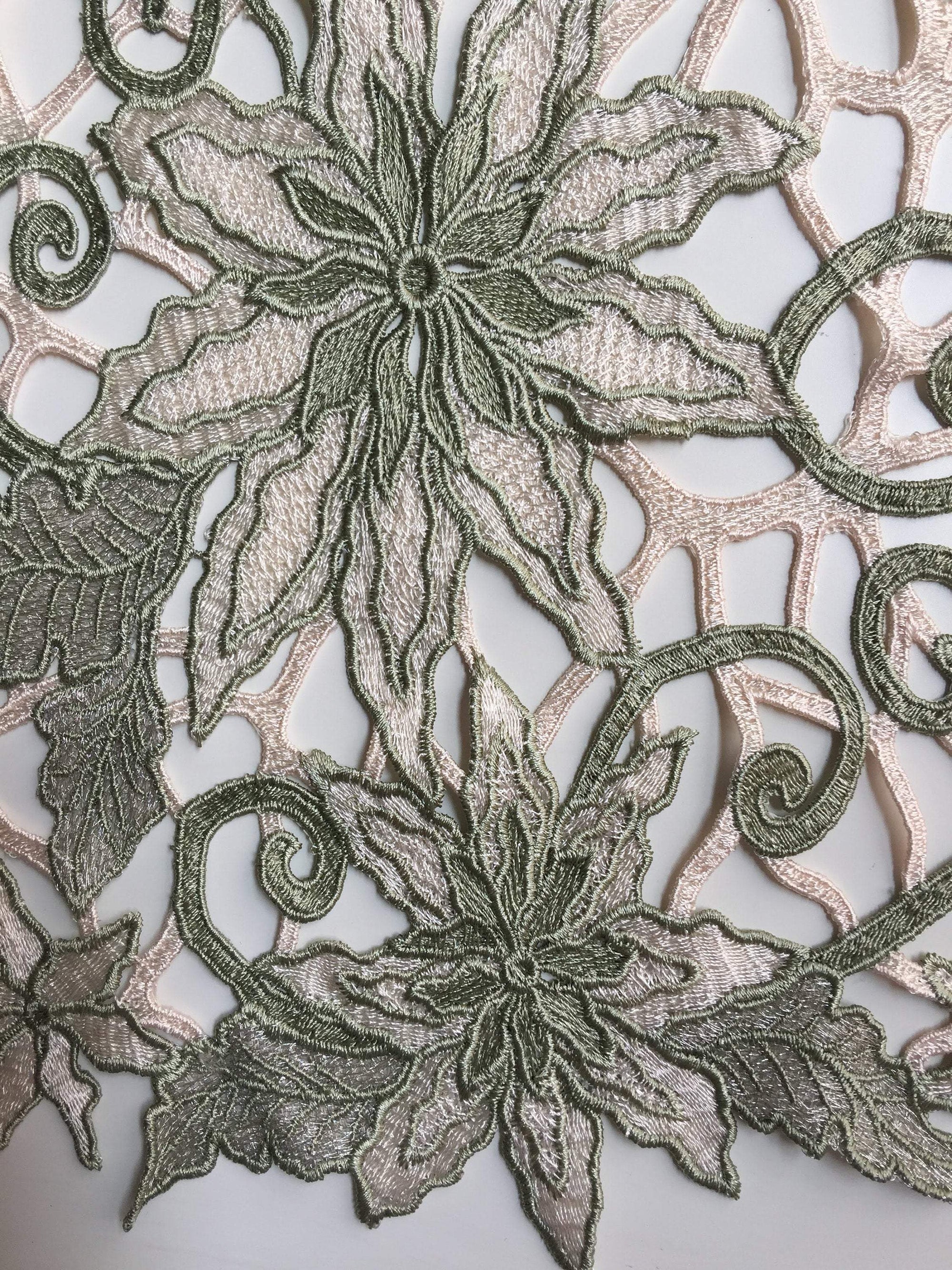 Skye SAGE Embroidered Floral Edge Guipure on Mesh Lace Fabric by the Yard - 10110