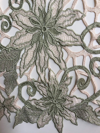 Skye SAGE Embroidered Floral Edge Guipure on Mesh Lace Fabric by the Yard - 10110