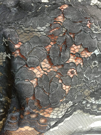 Summer CHARCOAL GREY Floral Pattern Double Dyed Flat Lace on Mesh Fabric by the Yard - Style 10069