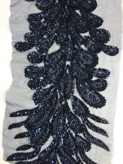 Gracie NAVY BLUE Vegas Peacock Beaded Sequins Embroidered on Mesh Lace Fabric by Panel - 10012