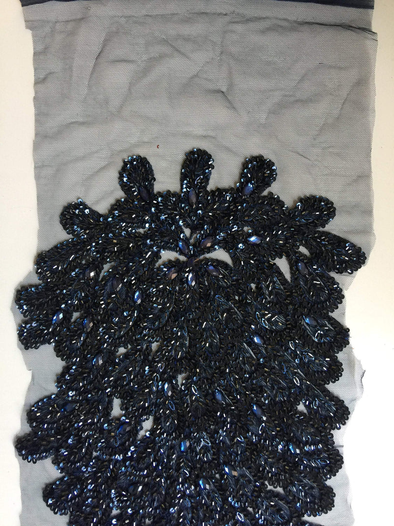 Gracie NAVY BLUE Vegas Peacock Beaded Sequins Embroidered on Mesh Lace Fabric by Panel - 10012