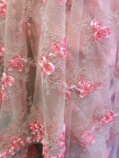 Andrea LIGHT CORAL 3D Floral Matte Corded Embroidery on Mesh Lace Fabric by the Yard - 10016