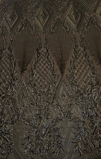 Francesca BLACK Vines and Diamonds Pattern Sequins on Mesh Lace Fabric by the Yard - 10130