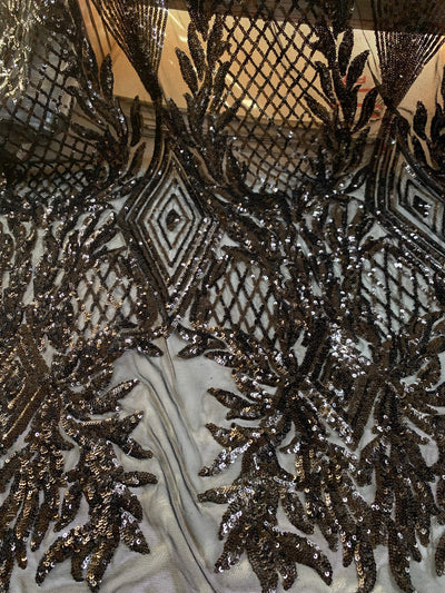 Francesca BLACK Vines and Diamonds Pattern Sequins on Mesh Lace Fabric by the Yard - 10130