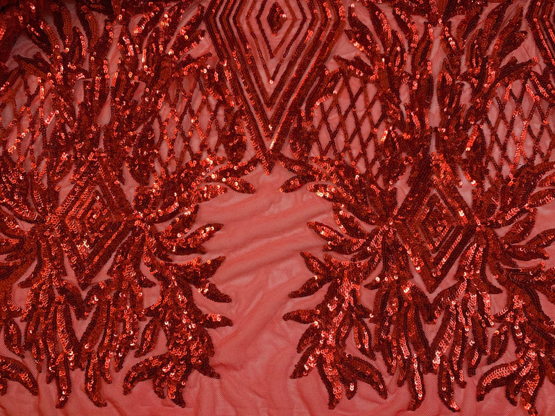Francesca RED Vines and Diamonds Pattern Sequins on Mesh Lace Fabric by the Yard - 10130
