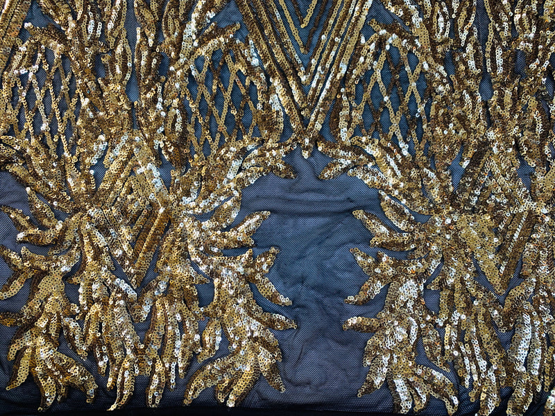 Francesca GOLD Vines and Diamonds Pattern Sequins on BLACK Mesh Lace Fabric by the Yard - 10130
