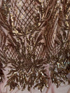 Francesca DUSTY ROSE Vines and Diamonds Pattern Sequins on Mesh Lace Fabric by the Yard - 10130