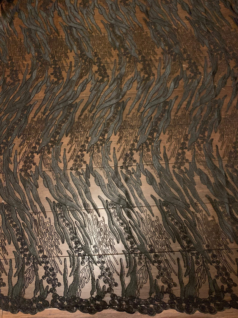 Katelyn BLACK Vines and Swirls Corded Embroidery on Mesh Fabric by the Yard - 10045