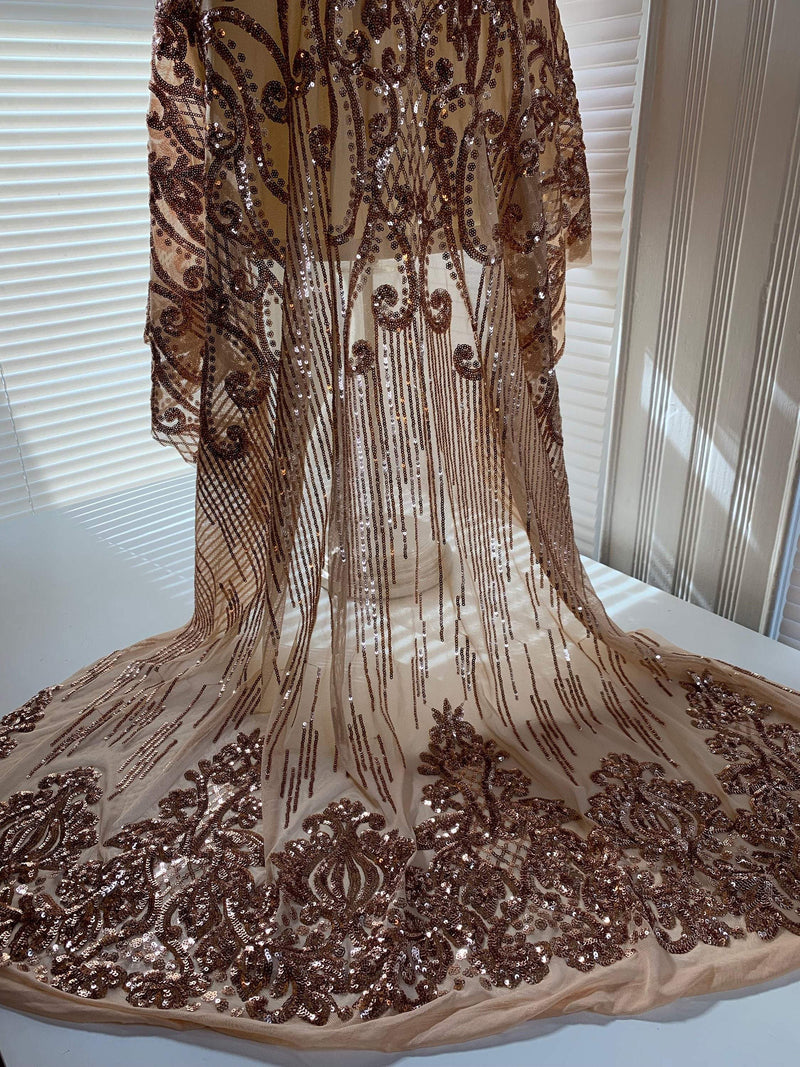 Angelica BRONZE Curlicues and Leaves Sequins on Mesh Lace Fabric by the Yard - 10132