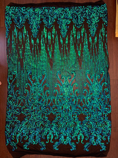 Angelica GREEN BLUE MERMAID Curlicues and Leaves Sequins on Mesh Lace Fabric by the Yard - 10132