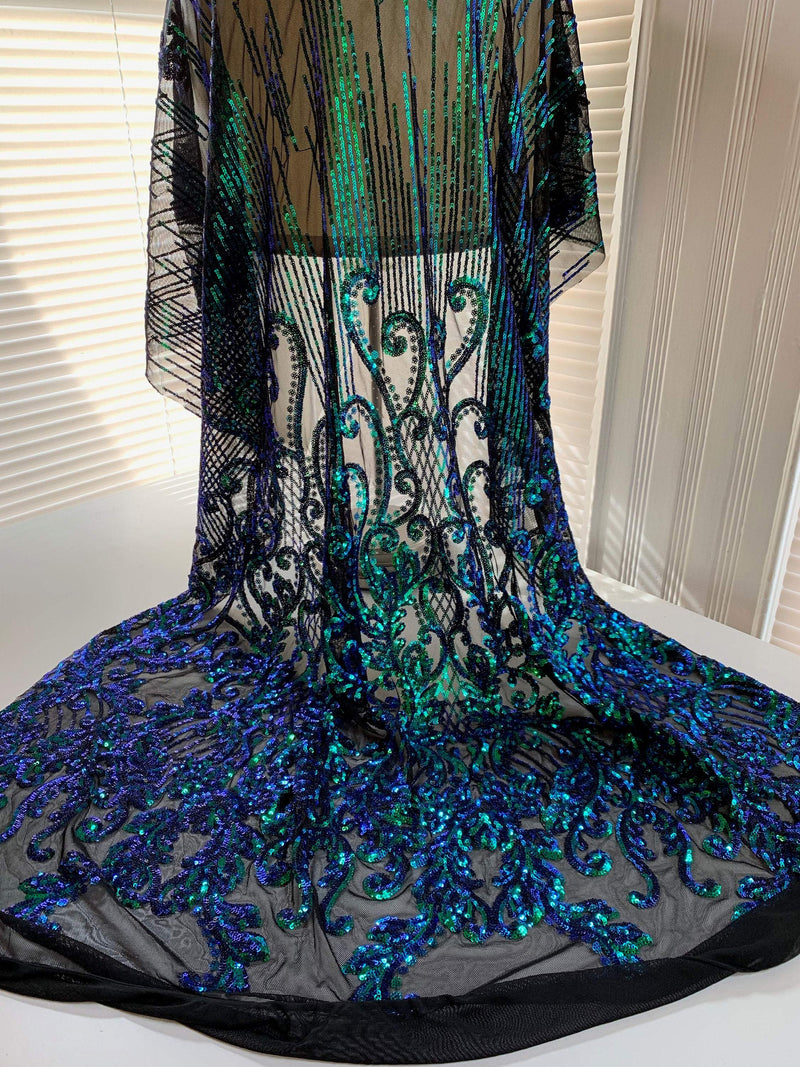 Angelica GREEN BLUE MERMAID Curlicues and Leaves Sequins on Mesh Lace Fabric by the Yard - 10132