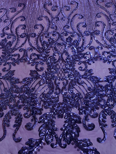 Angelica VIOLET Curlicues and Leaves Sequins on Mesh Lace Fabric by the Yard - 10132