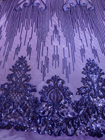 Angelica VIOLET Curlicues and Leaves Sequins on Mesh Lace Fabric by the Yard - 10132