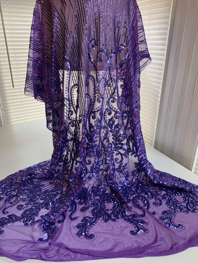 Angelica VIOLET Curlicues and Leaves Sequins on Mesh Lace Fabric by the Yard - 10132