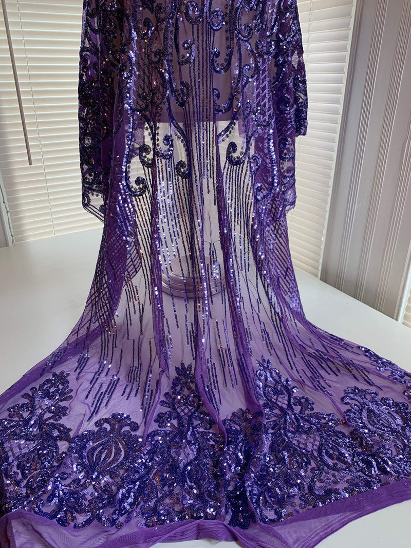 Angelica VIOLET Curlicues and Leaves Sequins on Mesh Lace Fabric by the Yard - 10132