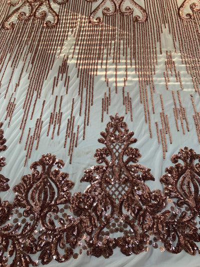 Angelica COPPER Curlicues and Leaves Sequins on Mesh Lace Fabric by the Yard - 10132