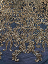 Angelica GOLD Curlicues and Leaves Sequins on BLACK Mesh Lace Fabric by the Yard - 10132