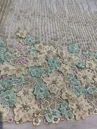Carolina MINT GREEN IVORY Polyester 3D Beaded Floral Embroidery on Mesh Lace Fabric by the Yard - 10127