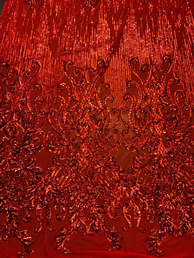 Angelica RED Curlicues and Leaves Sequins on Mesh Lace Fabric by the Yard - 10132