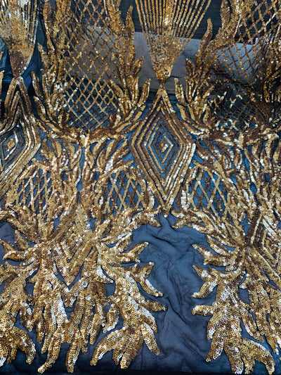 Francesca GOLD Vines and Diamonds Pattern Sequins on BLACK Mesh Lace Fabric by the Yard - 10130