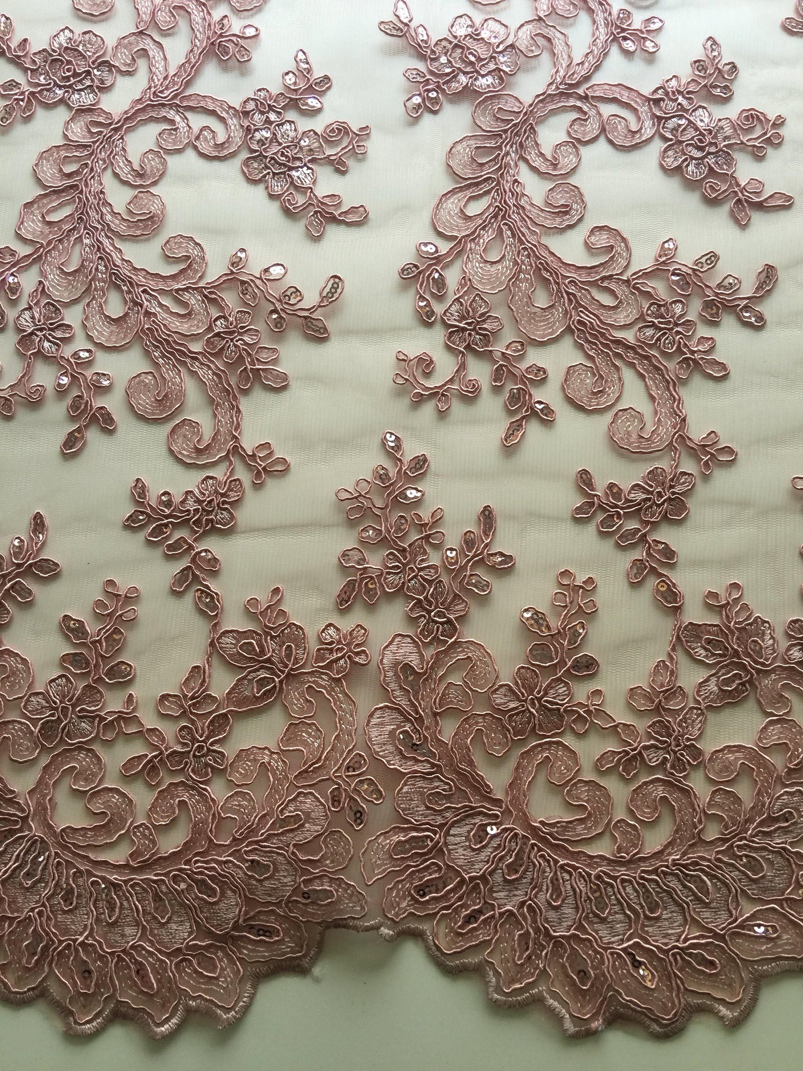 Melody DARK DUSTY PINK Polyester Floral Embroidery with Sequins on Mesh Lace Fabric by the Yard for Gown, Wedding, Bridesmaid, Prom - 10002