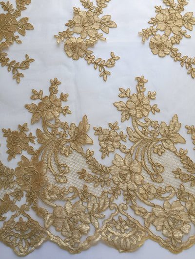 Diana GOLD Polyester Corded Floral Embroidery on Mesh Lace Fabric by the Yard - 10064