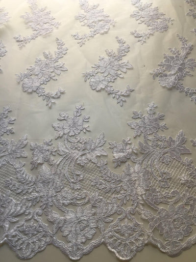 Diana WHITE Polyester Corded Floral Embroidery on Mesh Lace Fabric by the Yard - 10064