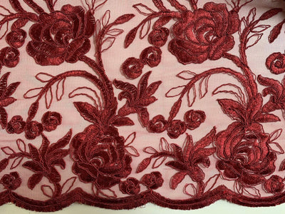 Dakota BURGUNDY Polyester Corded Floral Embroidery on Mesh Lace Fabric by the Yard - 10043