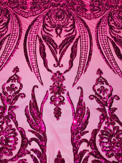 Alaina HOT PINK Curlicue Sequins on Mesh Lace Fabric by the Yard - 10018