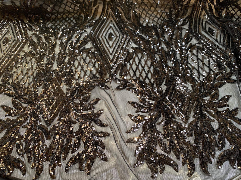 Francesca BLACK Vines and Diamonds Pattern Sequins on Mesh Lace Fabric by the Yard - 10130