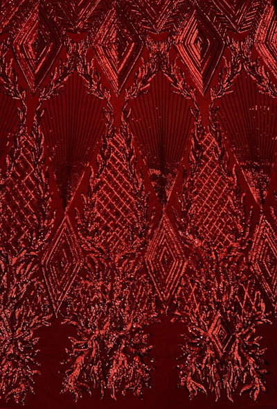 Francesca RED Vines and Diamonds Pattern Sequins on Mesh Lace Fabric by the Yard - 10130